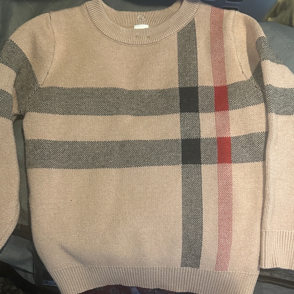 Boy’s Beige Plaid Crewneck Sweater with Contrast Stripes